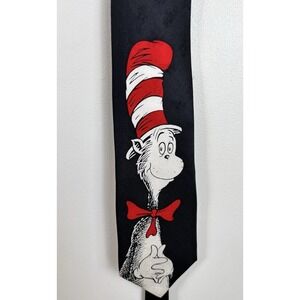 VINTAGE 1994 100% SILK DR. SEUSS CAT IN THE HAT BLACK  NECK TIE KOREA